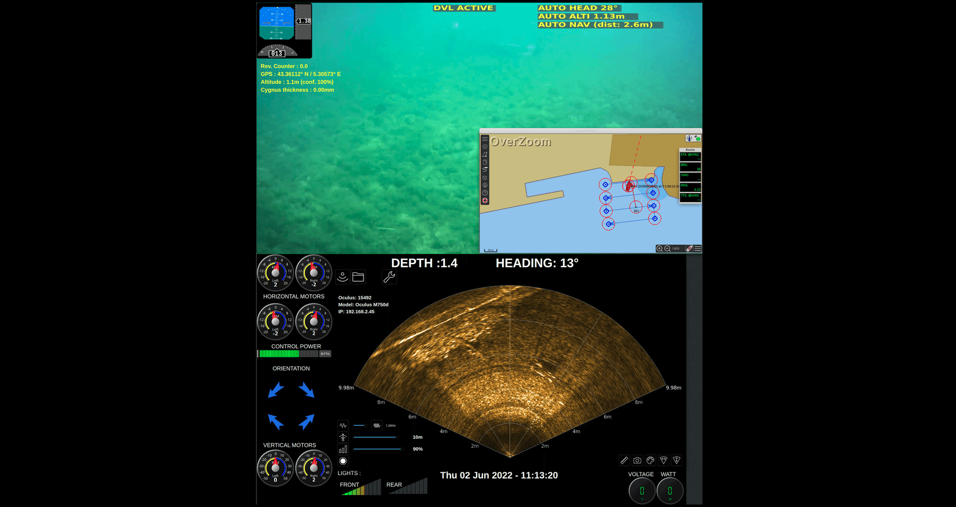 ROV interface for autonomous navigation, camera, sonar, positioning, trajectory management
