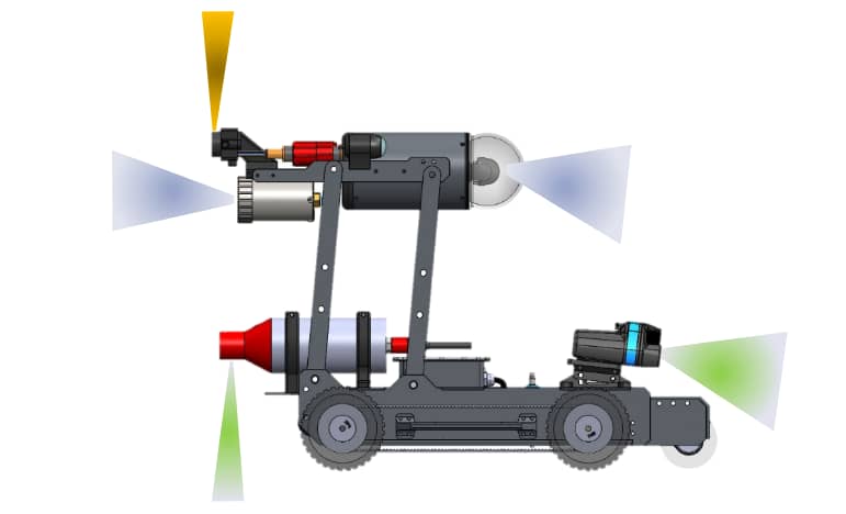 Pipe inspection crawler equipped with : Imaging and profiling sonars, Lidar, cameras and lighting
